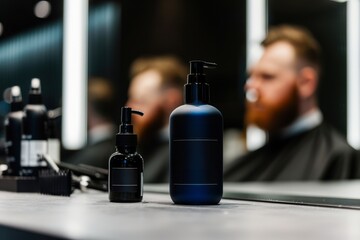 A stylish barber shop scene featuring sleek hair products on a countertop, with a blurred customer in the background, Ideal for beauty, grooming, or personal care marketing materials,