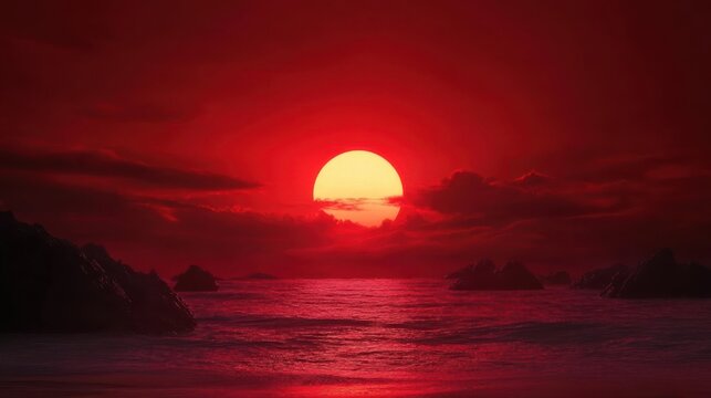 A fiery sunset over the ocean with a large, round sun casting an intense red glow on the water and the clouds.