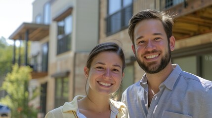 happy couple smiling in front of modern apartment building, lifestyle real estate