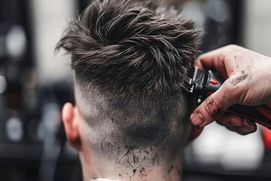 A barber is skillfully trimming the hair of a client, showcasing a modern fade hairstyle, This image is ideal for hair salon promotions, barbering tutorials, or grooming articles,