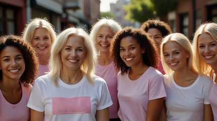 Group of women wearing clear blank pink t shirts on the sunny street. Breast Cancer Awareness. Cancer Survivors and support community.