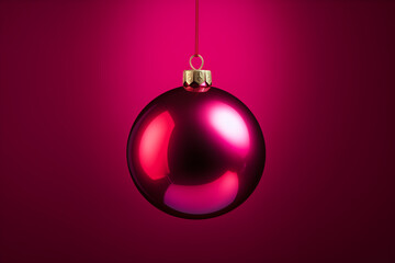Red pink shiny Christmas bauble. Minimal creative concept of Christmas holiday, beautiful decoration  and New Year celebration. Monochromatic style. Copy space