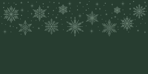 Green Christmas vector background, elegant snowflake border design, festive holiday hand drawn header, with snow and star icon elements