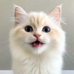 Fluffy cat with striking blue eyes displaying a joyful expression, ideal for pet-related articles, blogs, or marketing materials, This image adds warmth and charm to any content,