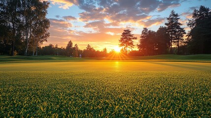 Obraz premium Sunset Over a Golf Course at Dusk