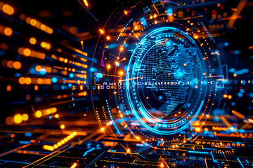 This digital artwork showcases a futuristic network of interconnected red and blue nodes, symbolizing data flow and connectivity against a cosmic background