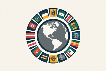 Circular logo with flags surrounding a globe illustration