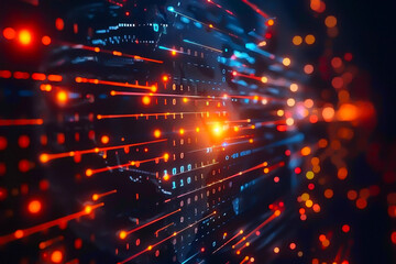 This digital artwork showcases a futuristic network of interconnected red and blue nodes, symbolizing data flow and connectivity against a cosmic background