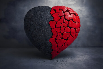 Broken heart design with red and black textures, symbolic of love and pain, heartbreak, emotional contrast, cracked surface, artistic representation, sorrow, resilience, passion, healing

