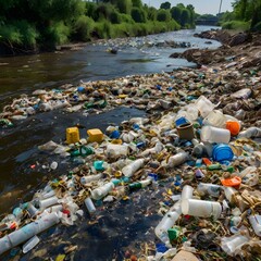Polluted River with Plastic Waste