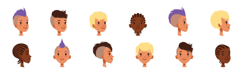 Teen Boy Smiling Face Head with Different Hairstyle Vector Set