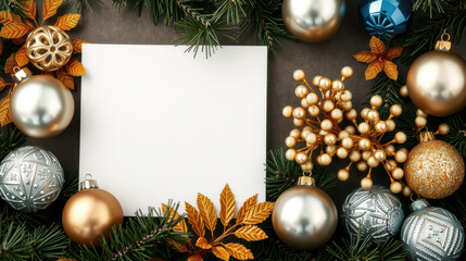 blank card surrounded by festive Christmas decorations, including gold and silver ornaments, pine branches, and golden leaves, creating joyful holiday atmosphere