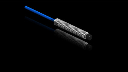 Technical illustration showing an eddy-current proximity probe on a black background