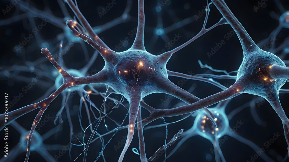 Poster neural network: microscopic view of interconnected neurons, their intricate dendrites and axons glow