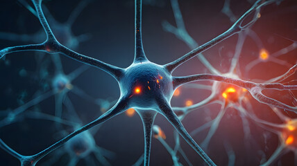 Neural Network Firing: Microscopic view of a neuron firing, showcasing intricate details and vibrant colors.  A captivating image for science, medicine, and technology. 