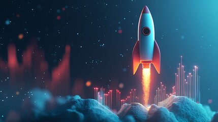 A rocket ship with business graph bar chart, Rocket business graph background