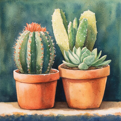 Whimsical watercolor cacti and succulents, desert plants in terracotta pots