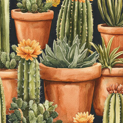 Whimsical watercolor cacti and succulents, desert plants in terracotta pots