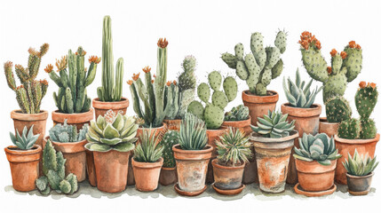 Whimsical watercolor cacti and succulents, desert plants in terracotta pots