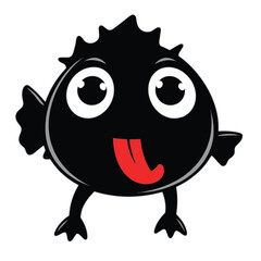 a cartoon illustration of a black pufferfish with big, round eyes and a red tongue sticking out