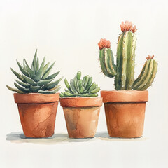 Whimsical watercolor cacti and succulents, desert plants in terracotta pots