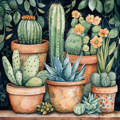 Whimsical watercolor cacti and succulents, desert plants in terracotta pots