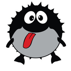 a cartoon illustration of a black pufferfish with big, round eyes and a red tongue sticking out