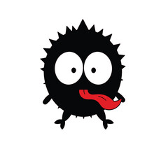 a cartoon illustration of a black pufferfish with big, round eyes and a red tongue sticking out