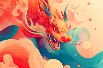 Obraz premium Abstract colorful illustration with fiery dragon, vibrant colors and intricate details
