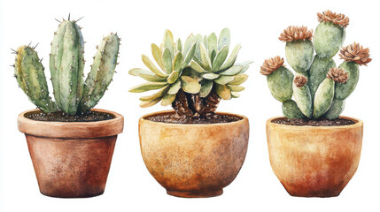 Whimsical watercolor cacti and succulents, desert plants in terracotta pots
