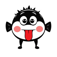 a cartoon illustration of a black pufferfish with big, round eyes and a red tongue sticking out