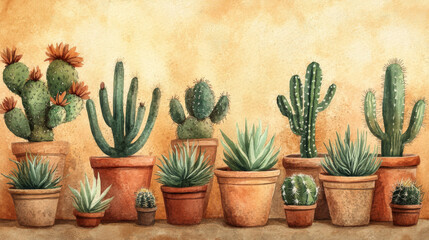 Whimsical watercolor cacti and succulents, desert plants in terracotta pots