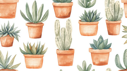 Whimsical watercolor cacti and succulents, desert plants in terracotta pots