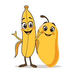 A funny cartoon banana and mango character standing side by side in a playful pose