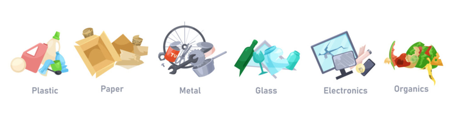 Six types of waste materials with labels plastic, paper, metal, glass, electronics, organics. Vector illustration