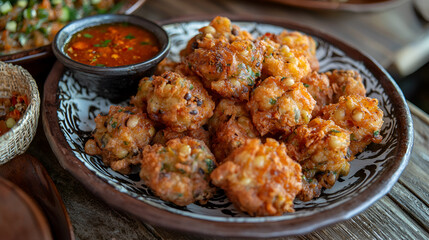 A plate of Acaraj&eacute;, a Brazilian dish of deep-fried black-eyed pea fritters, served with vatap&aacute; (a spicy seafood paste) and hot sauce on a traditional plate