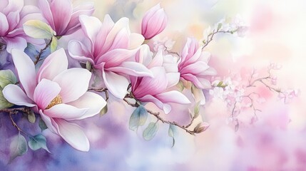 Obraz premium A serene watercolor depiction of delicate pink magnolia flowers, blending softly into a pastel background.