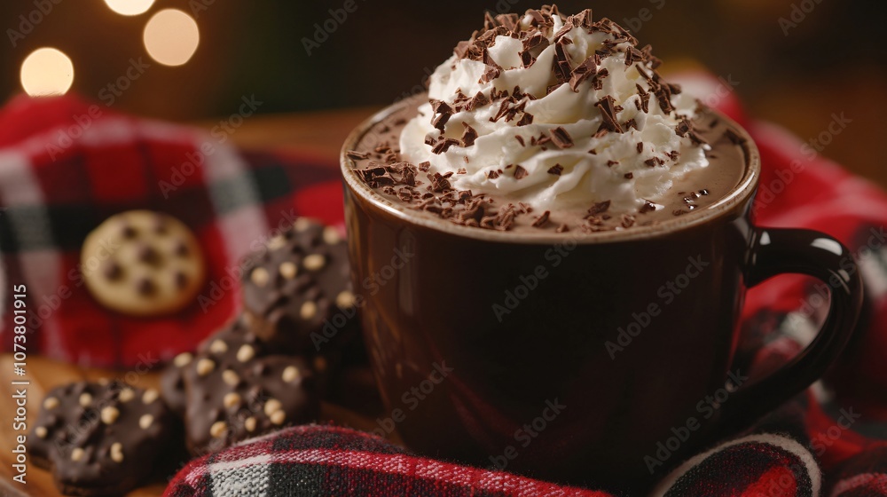 Poster Cup of homemade hot chocolate topped with whipped cream, garnished with crushed chocolate and mini cookies on a plaid backdrop