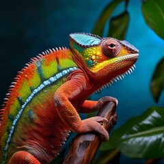 Fototapeta premium Vibrant brightly colored red, green, orange, yellow chameleon holding onto branch