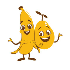 A funny cartoon banana and mango character standing side by side in a playful pose