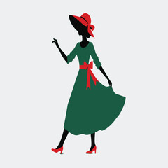 a logo or emblem for a fashion brand. It features a silhouette of a woman wearing a green dress and a red hat.