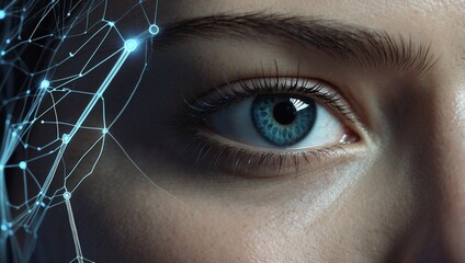 Close-Up of a Person's Face Surrounded by Microchips and Digital Network Code, Symbolizing the Future of Artificial Intelligence