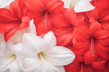 Obraz premium A vibrant arrangement of red and white amaryllis flowers, showcasing their intricate petals and delicate beauty in a close-up view.