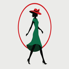 a logo or emblem for a fashion brand. It features a silhouette of a woman wearing a green dress and a red hat.