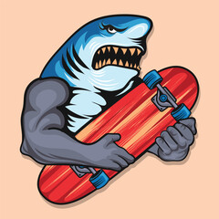 Obraz premium a angry shark holding a Skateboard Vector design