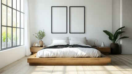 A minimalist bedroom featuring a wooden bed, white bedding, natural light, and simple decor, creating a serene and inviting atmosphere.