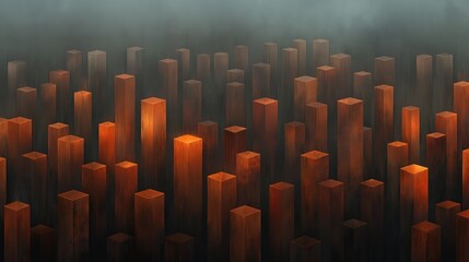 Obraz premium Aerial View of Futuristic Honeycomb-Like Structure with Vibrant Orange and Brown Stacks in a Misty Atmosphere