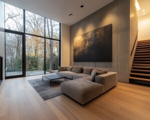 Fototapeta premium A modern living room featuring a large window, minimalist furniture, and a staircase, providing a serene connection to nature outside.