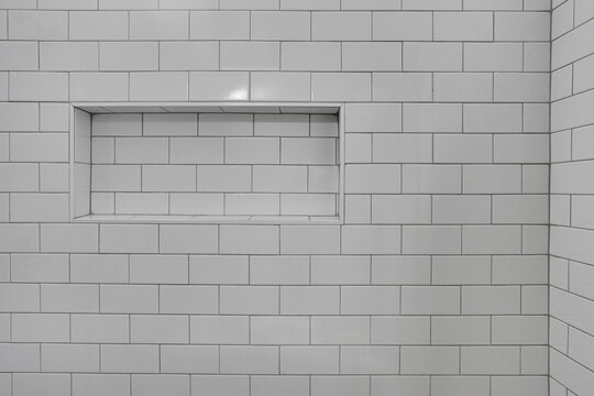 Minimalist White Tile Wall In Modern Bathroom Shower with Built In Shelf