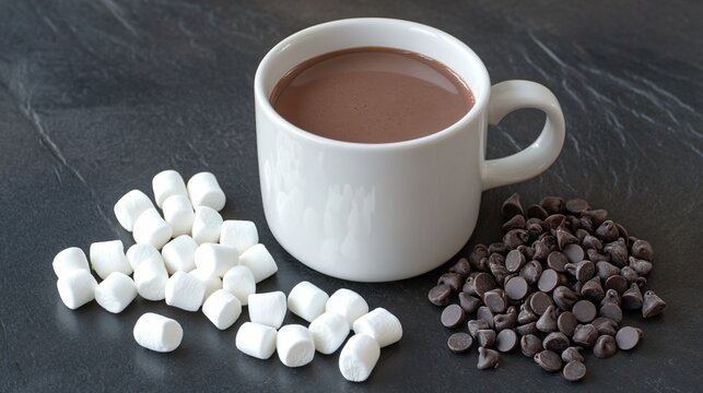 Homemade hot cocoa in a simple white mug, surrounded by mini marshmallows and dark chocolate chips on a dark slate background